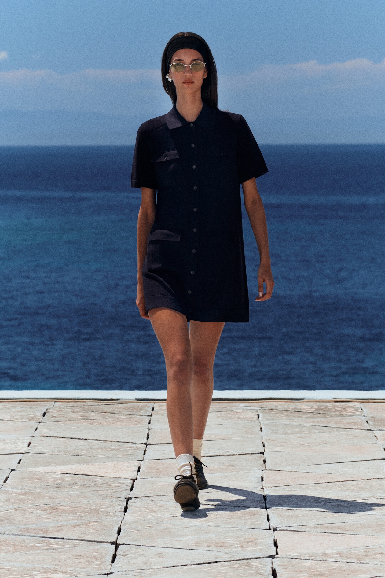 POCKET-DETAIL KNITTED COTTON MINI DRESS — NAVY