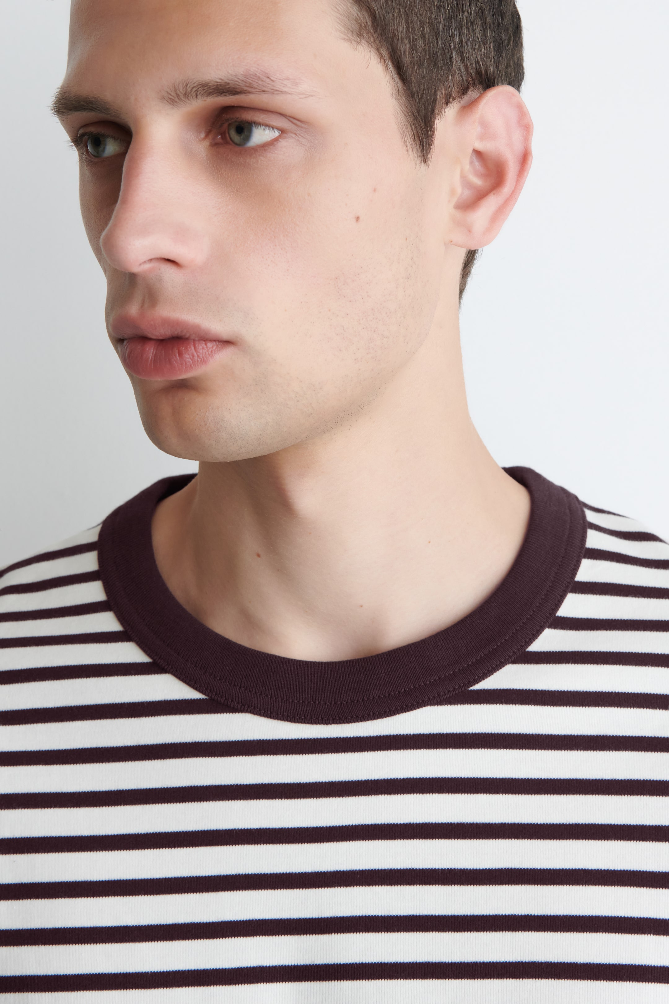 Größeres Bild anzeigen: Ein T-Shirt wird getragen, das ein Muster aus abwechselnd weißen und dunkelbraunen horizontalen Streifen und einen passenden dunkelbraunen gerippten Rundhalsausschnitt aufweist.