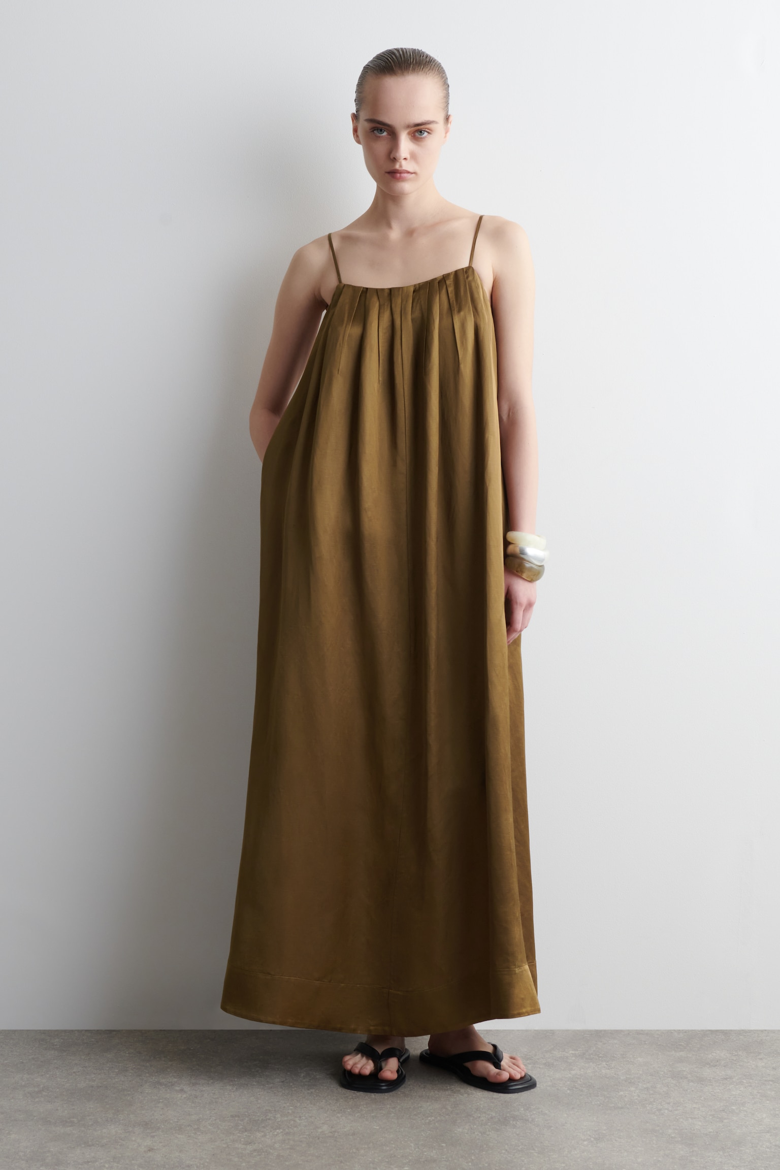 PLEATED FLUID MAXI DRESS - OCHRE