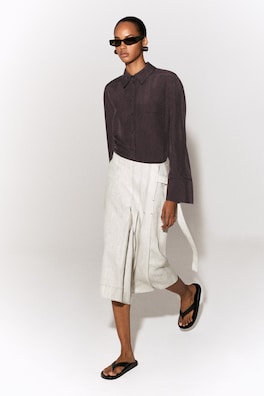 BELTED PLEATED LINEN MIDI SKIRT — LIGHT GRAY 6