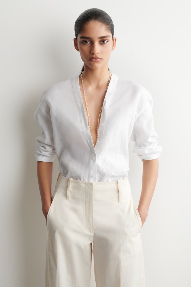 CAMISA LINO CUELLO PICO BOTONES - BLANCO/AMARILLO/MELOCOTÓN - 1