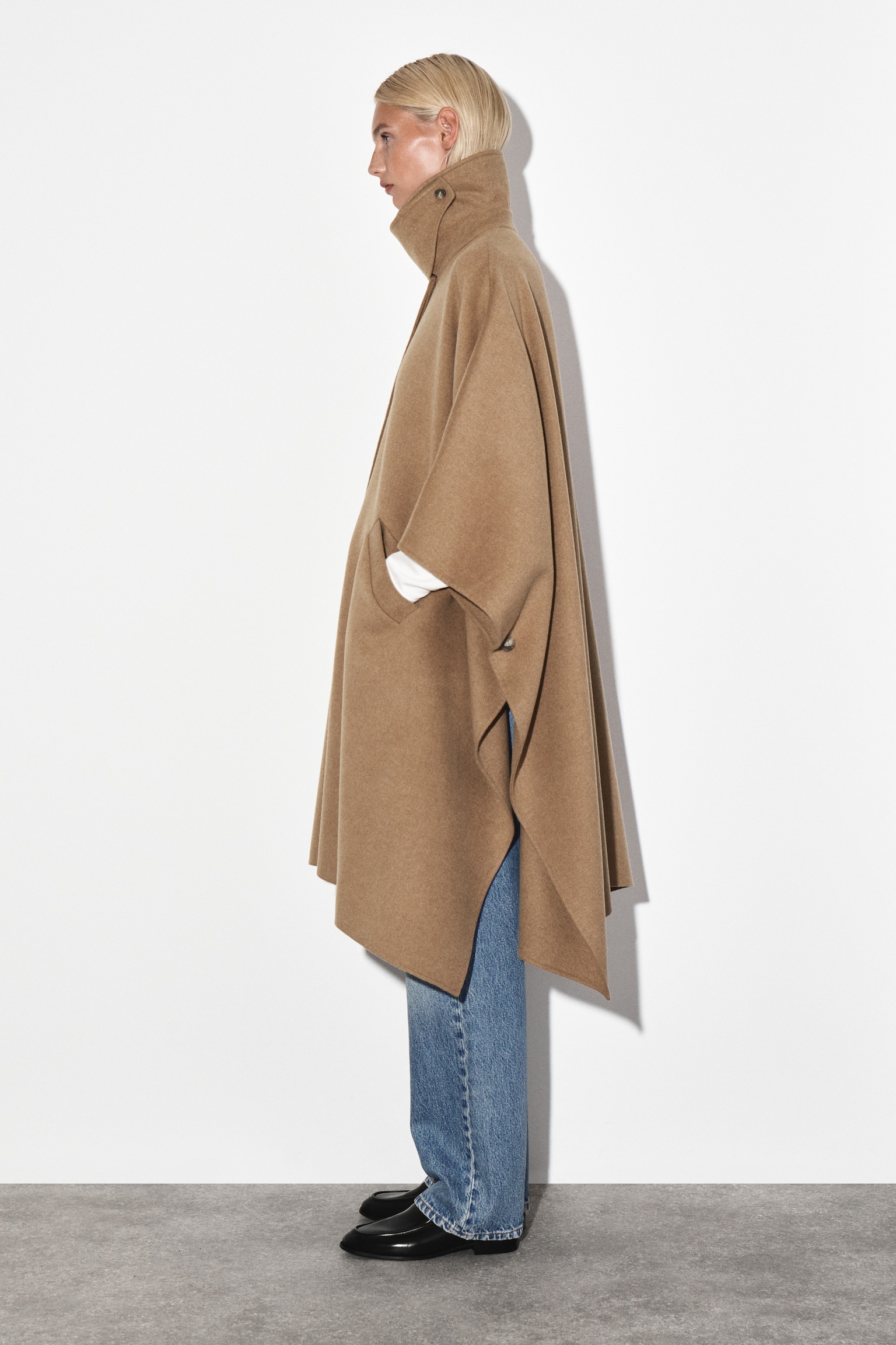 LONGLINE DOUBLE-FACED WOOL CAPE - BEIGE/GREY - 5