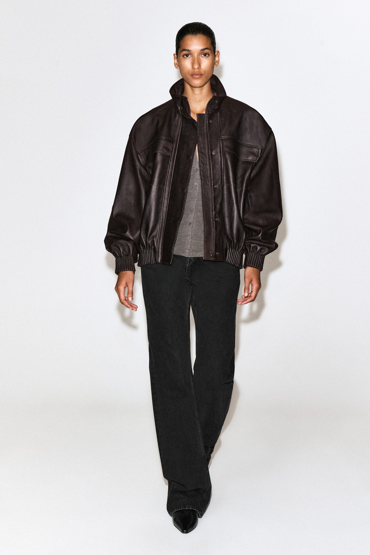 LEATHER MOCK-NECK BOMBER JACKET — DARK BROWN