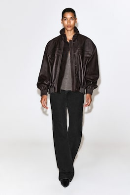 LEATHER MOCK-NECK BOMBER JACKET — DARK BROWN 3