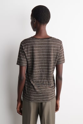 V-NECK LINEN T-SHIRT — BROWN / WHITE / STRIPED 3
