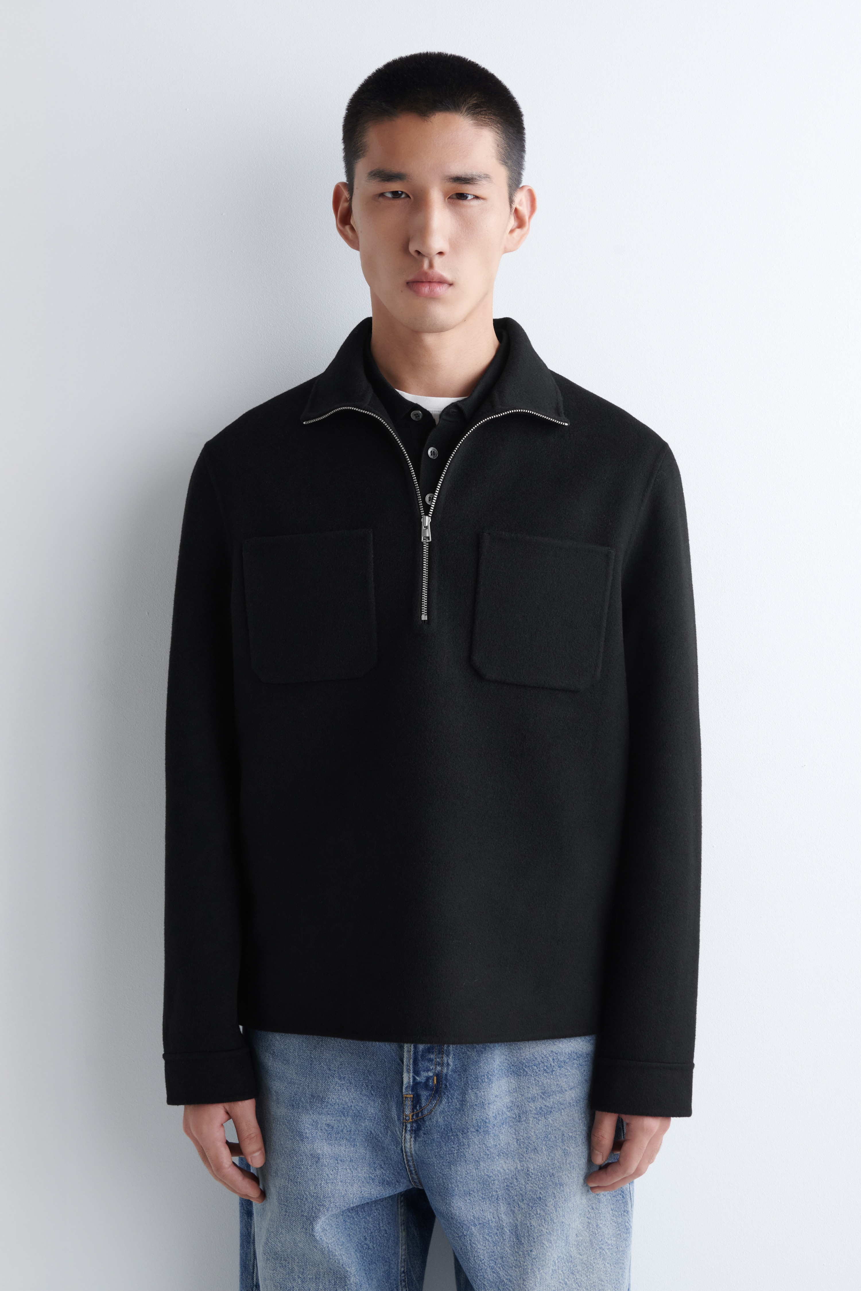 DOUBLE-FACED WOOL ZIP-UP OVERSHIRT - BLACK/BÉŽOVÉ