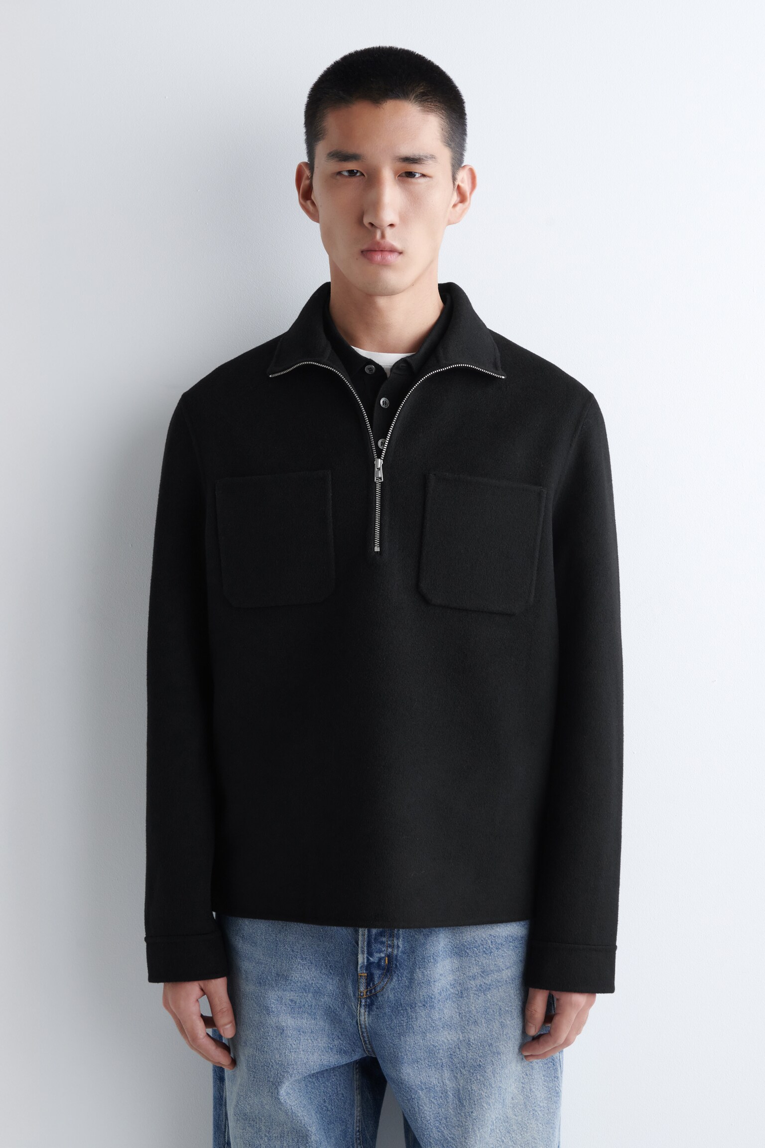 DOUBLE-FACED WOOL ZIP-UP OVERSHIRT - NEGRU/bej - 2