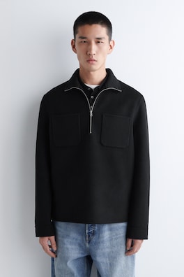 DOUBLE-FACED WOOL ZIP-UP SWEATSHIRT — BLACK 1