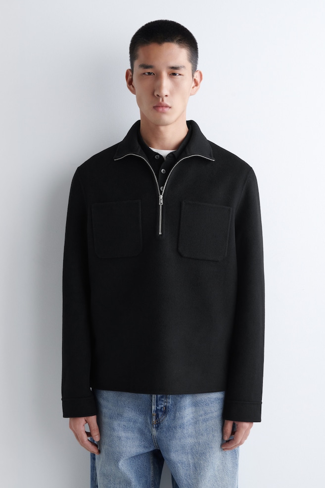 DOUBLE-FACED WOOL ZIP-UP SWEATSHIRT — BLACK