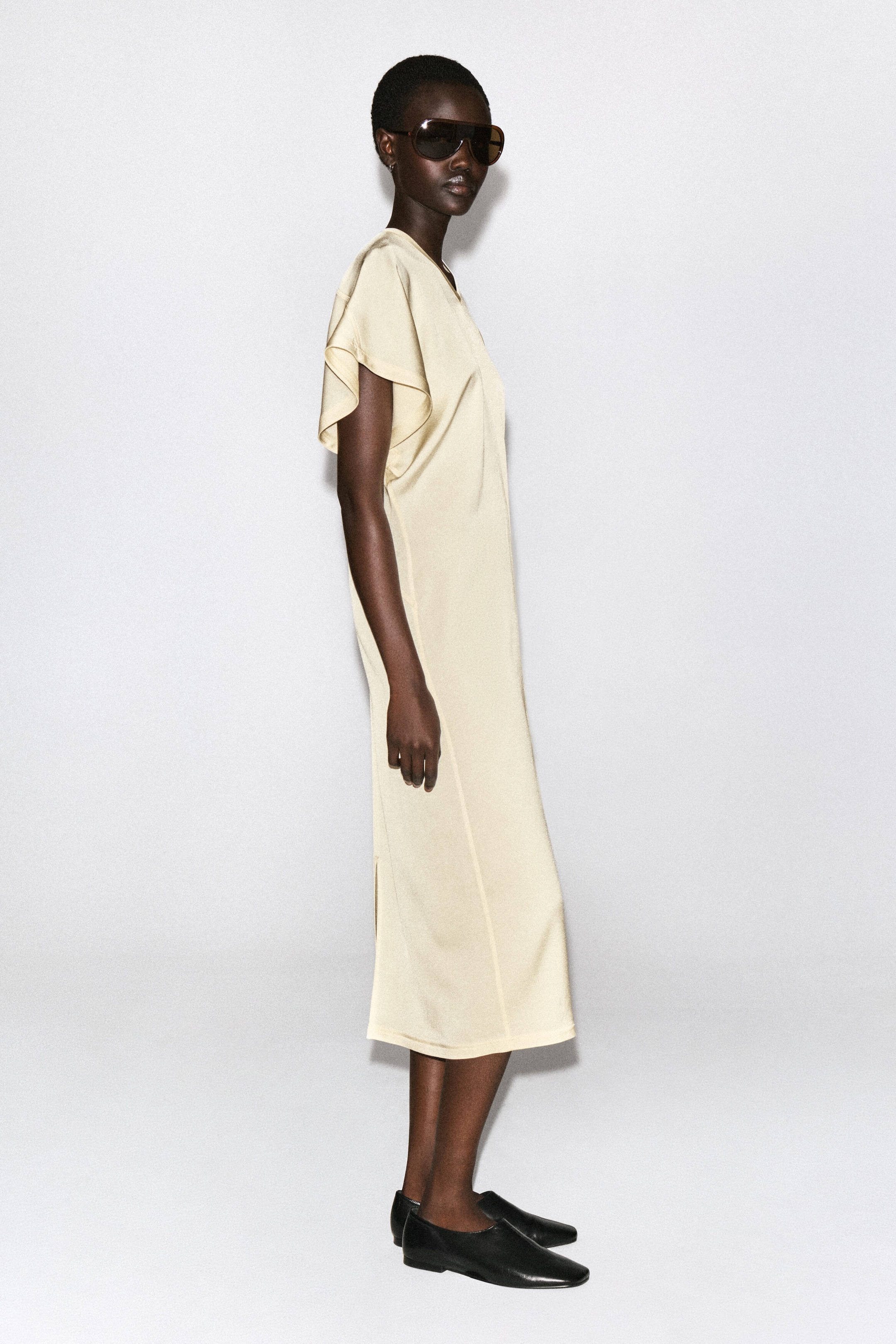 DRAPED V-NECK CREPE MIDI DRESS - YELLOW