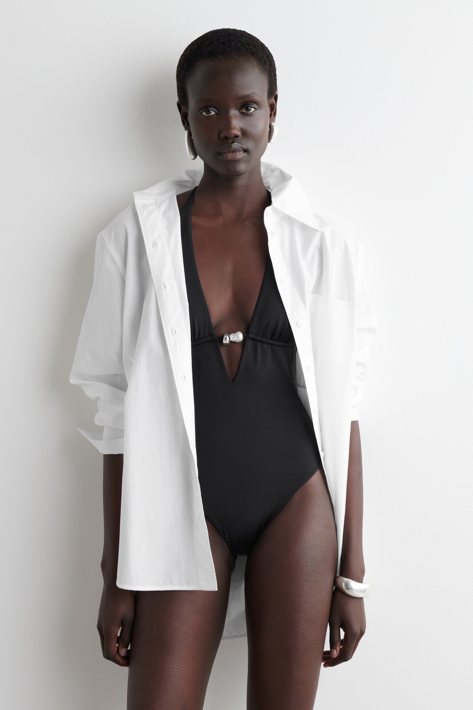 EMBELLISHED PLUNGE-NECK SWIMSUIT - BLACK