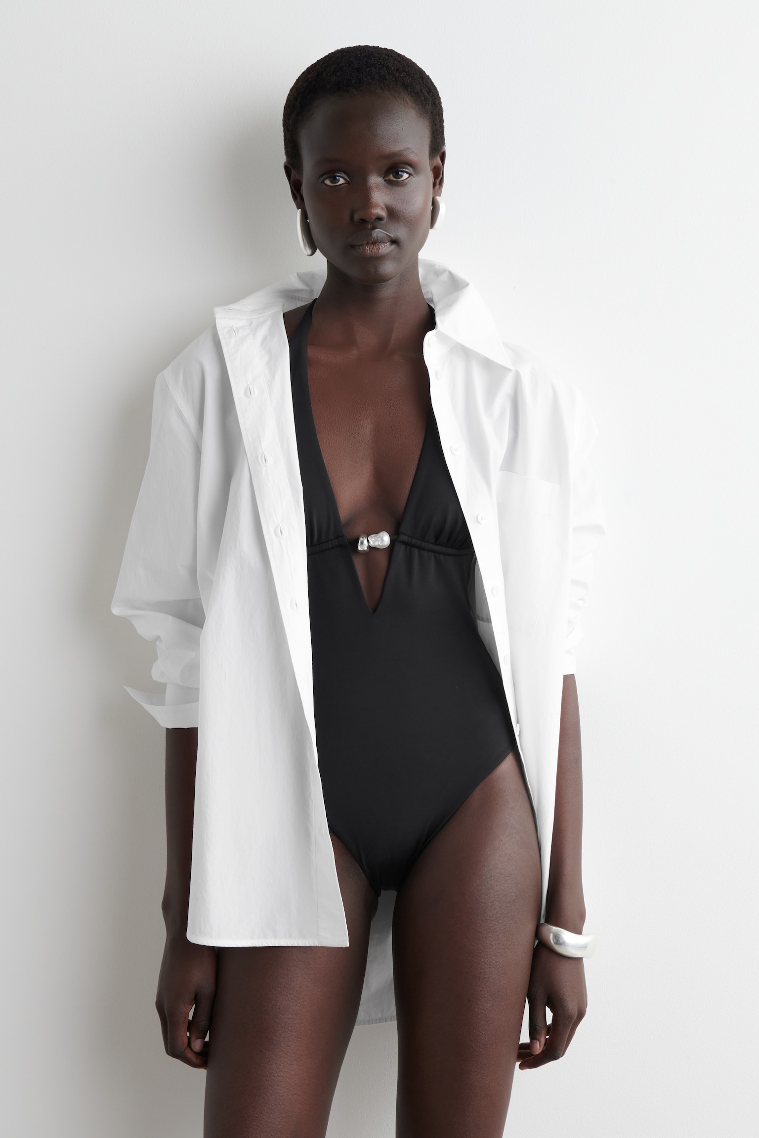EMBELLISHED PLUNGE-NECK SWIMSUIT - BLACK