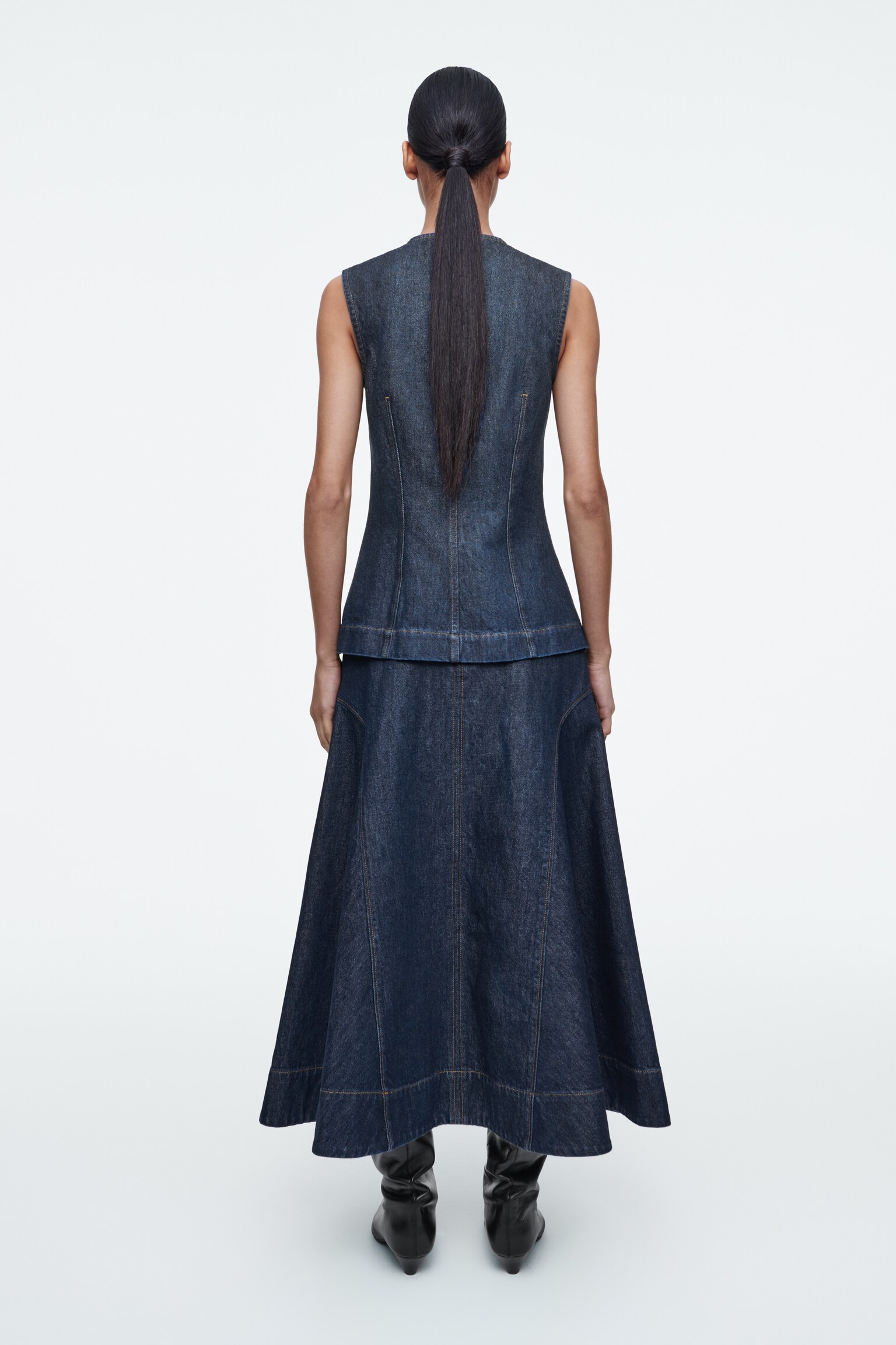 JUPE MIDI TRAPÈZE EN DENIM BRUT - INDIGO BRUT - 6