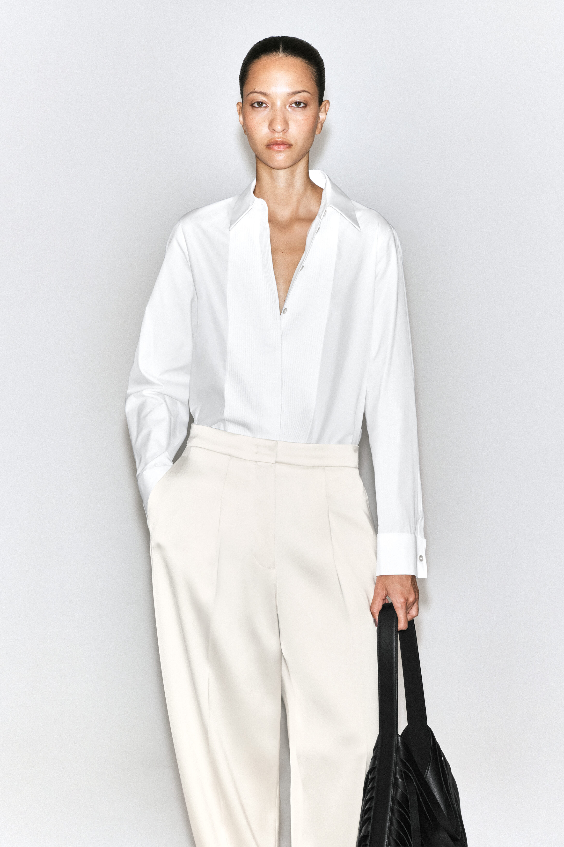 PINTUCKED COTTON-SILK TUXEDO SHIRT