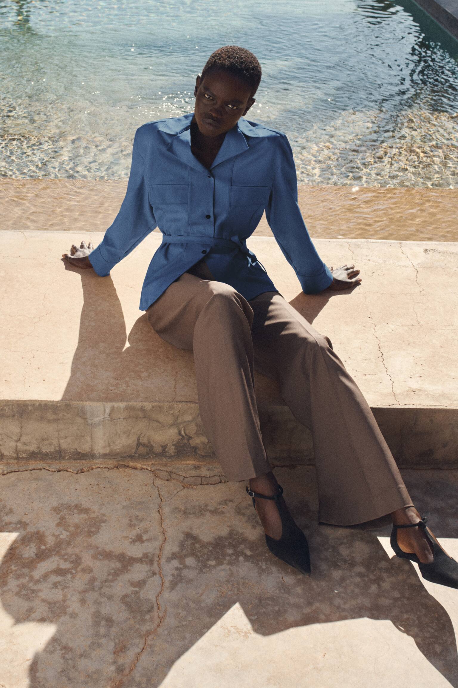 PANTALONI EVAZAȚI DIN LÂNĂ CU ȚESĂTURĂ DIAGONALĂ - TAUPE - 8