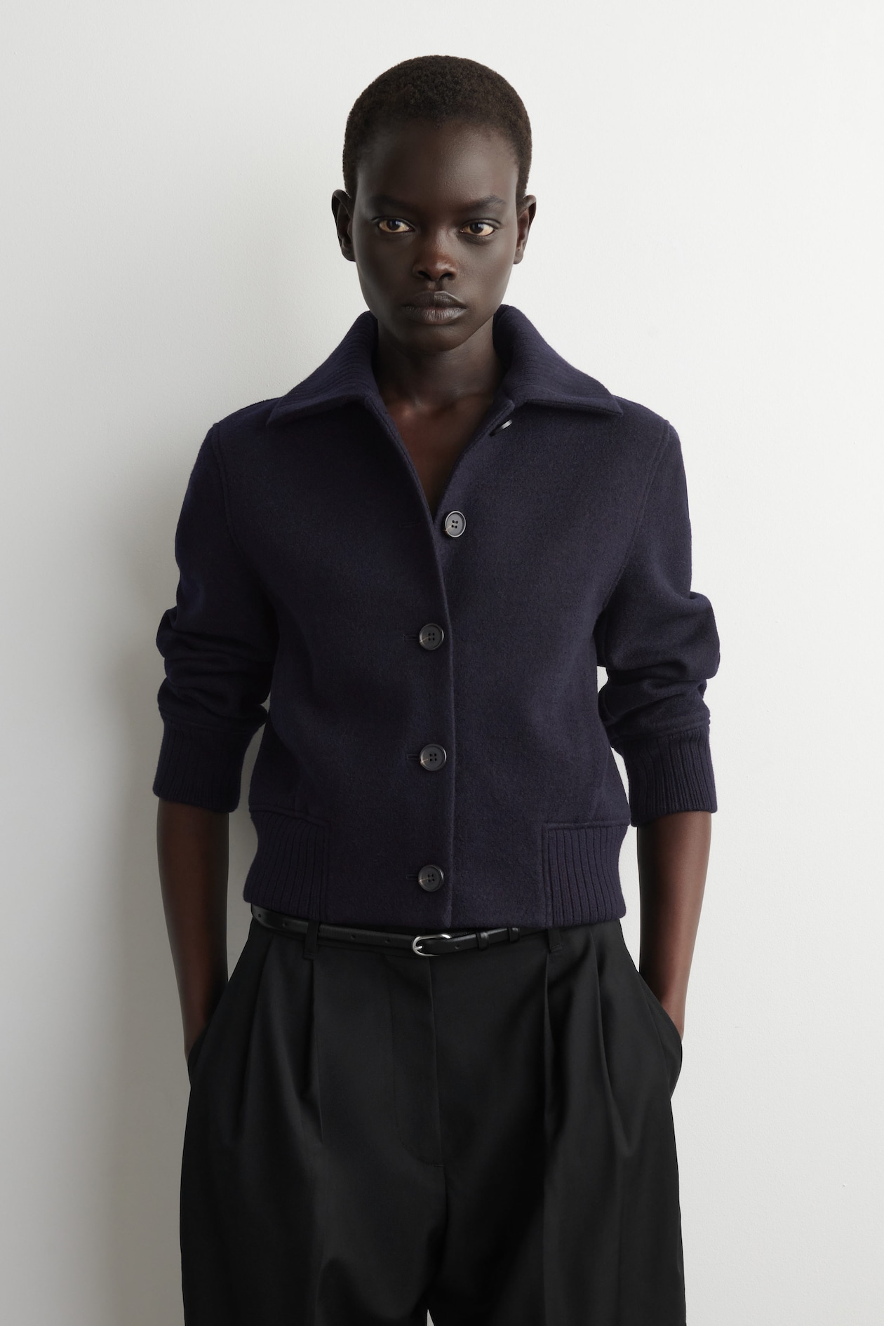 RIBBED-COLLAR BOILED MERINO WOOL JACKET — NAVY