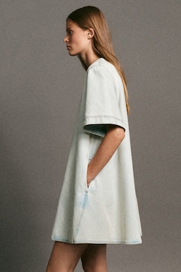 FLARED DENIM MINI DRESS — LIGHT BLUE 7