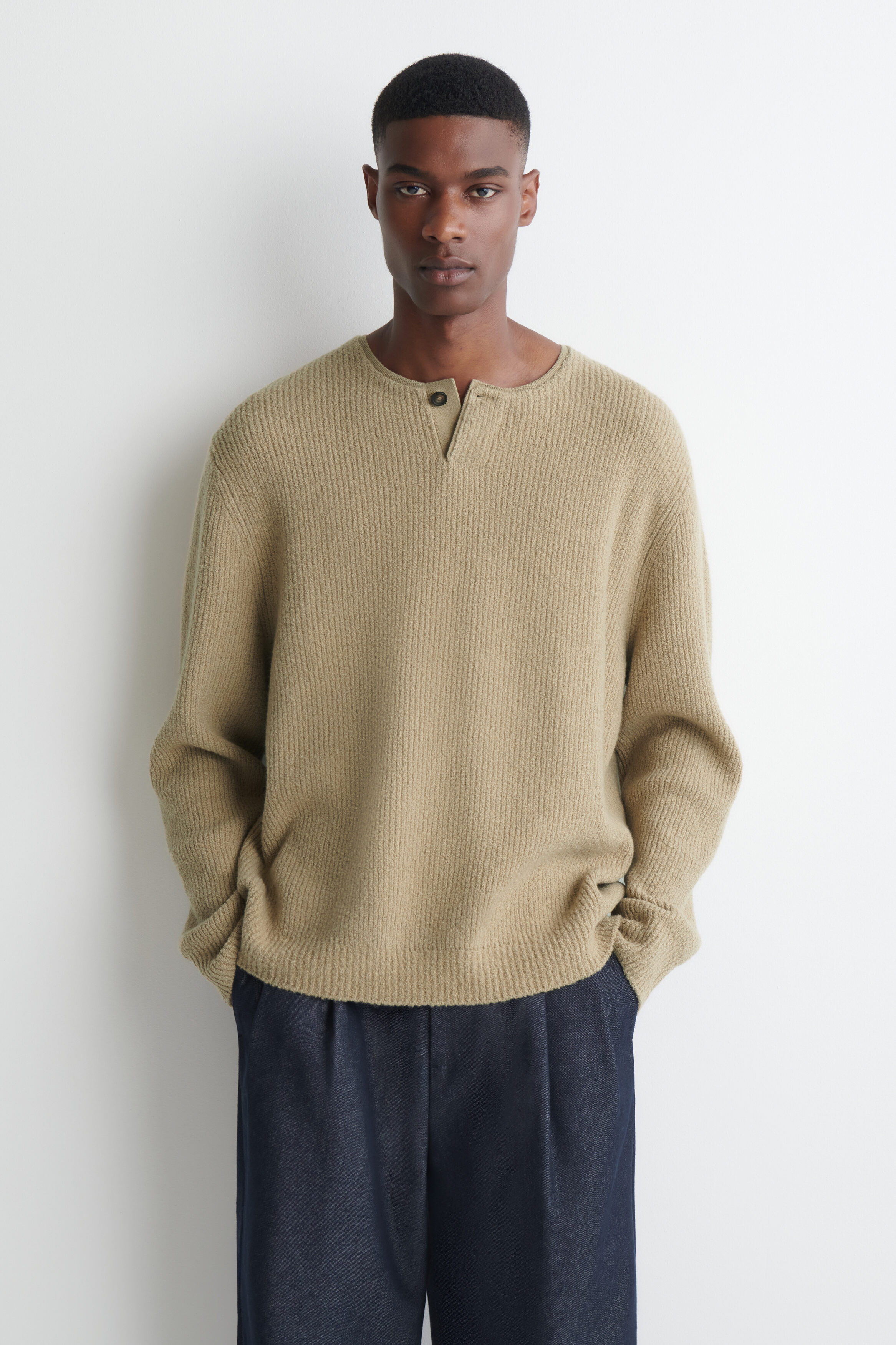 WOOL-BLEND BOUCLÉ HENLEY SWEATER