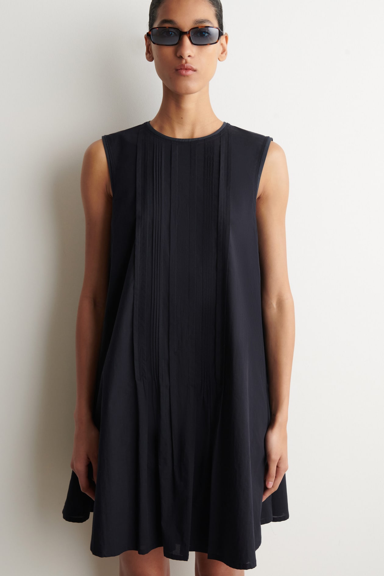 LAYERED PINTUCKED MINI DRESS — NAVY