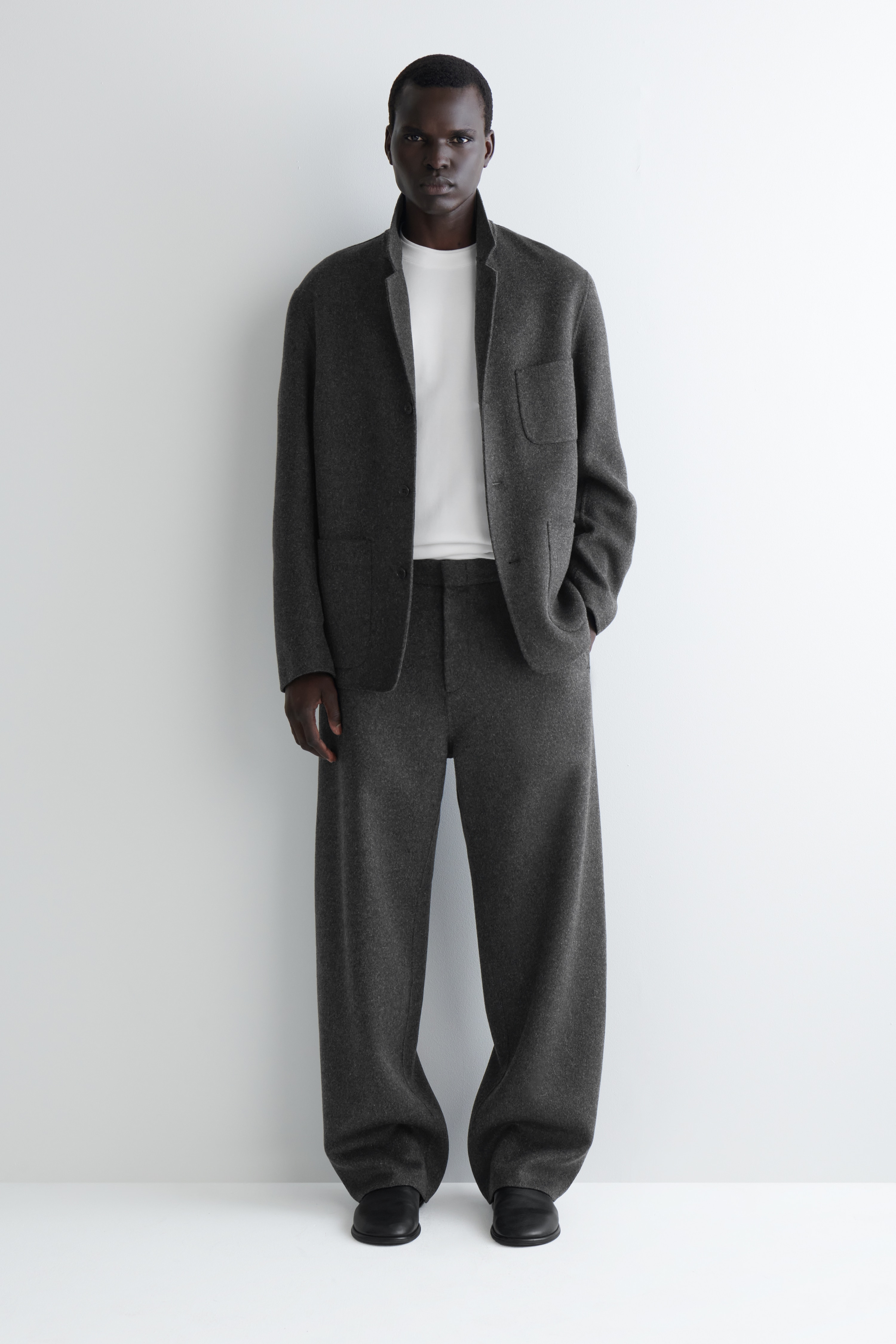 DOUBLE-FACED WOOL RELAXED-FIT WIDE-LEG TROUSERS - CHARCOAL