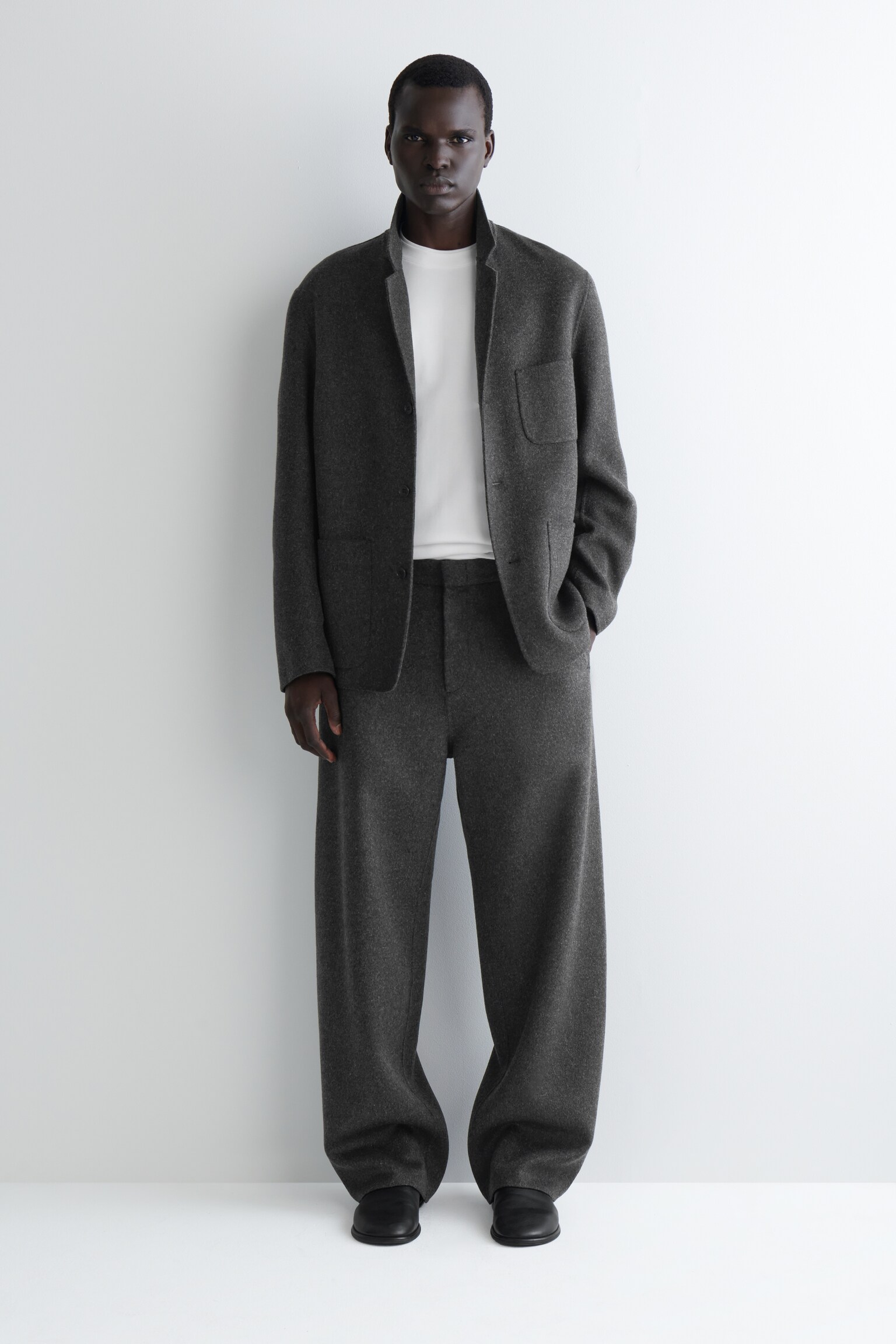 DOUBLE-FACED WOOL WIDE-LEG TROUSERS - CHARCOAL/BROWN