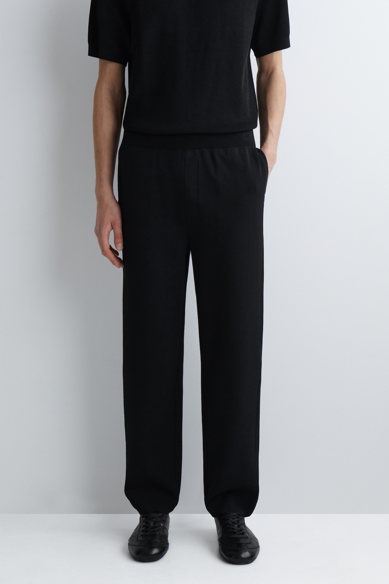 DOUBLE-FACED REGULAR-FIT STRAIGHT-LEG JOGGERS — BLACK