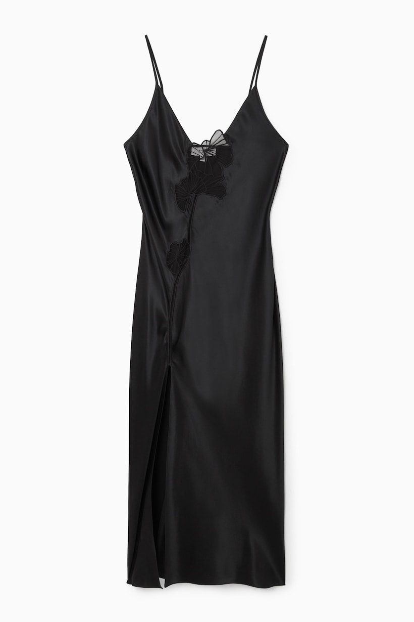 chinese dress ladies Black Lace Cut-out Long Silk Slip Dress