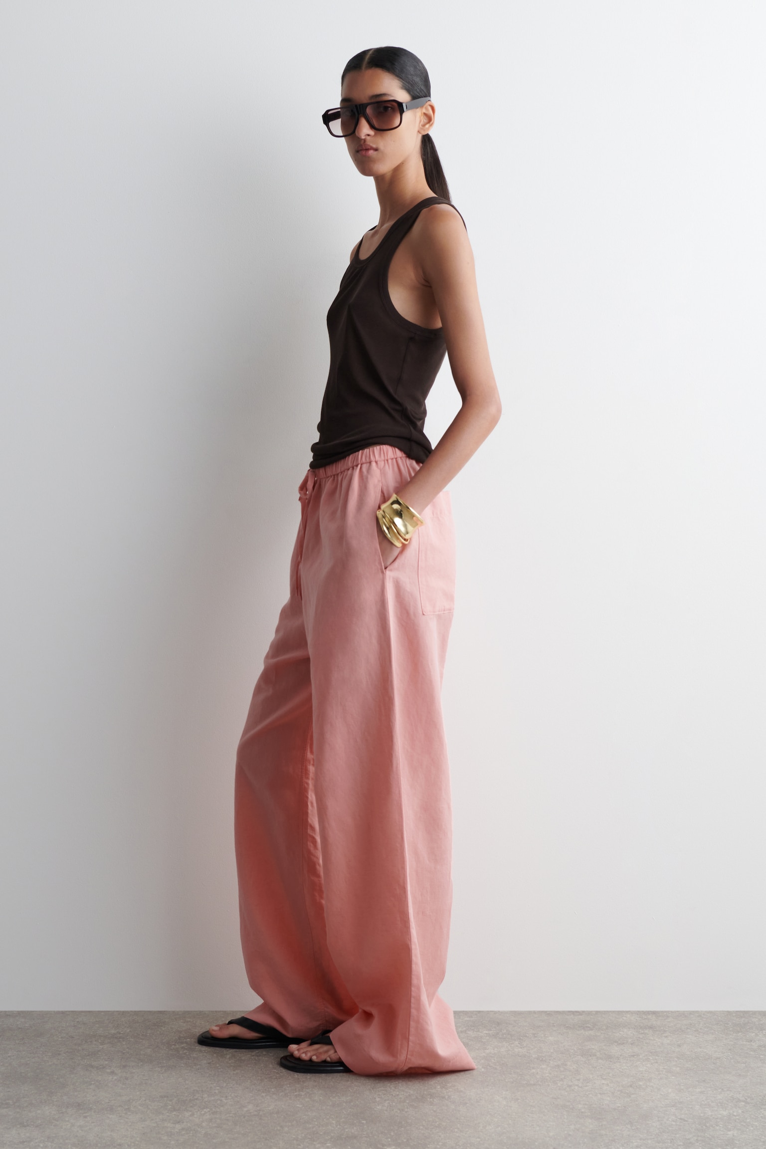 PANTALON LARGE TAILLE AJUSTABLE EN LIN - ROSE/BRUN FONCÉ - 7