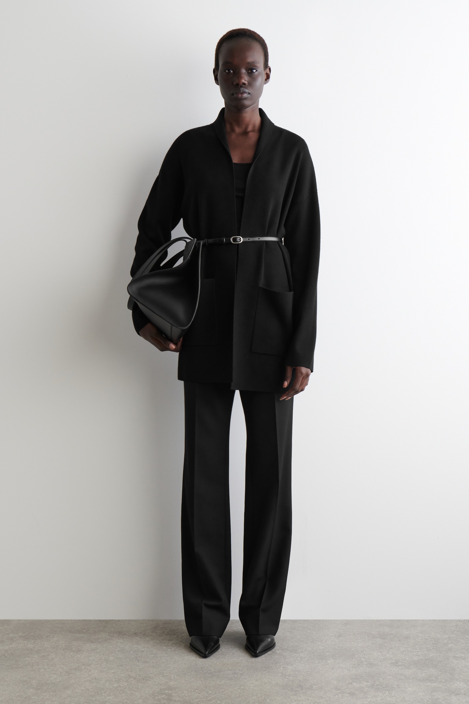 DRAPED-COLLAR MERINO WOOL CARDIGAN - BLACK - 7