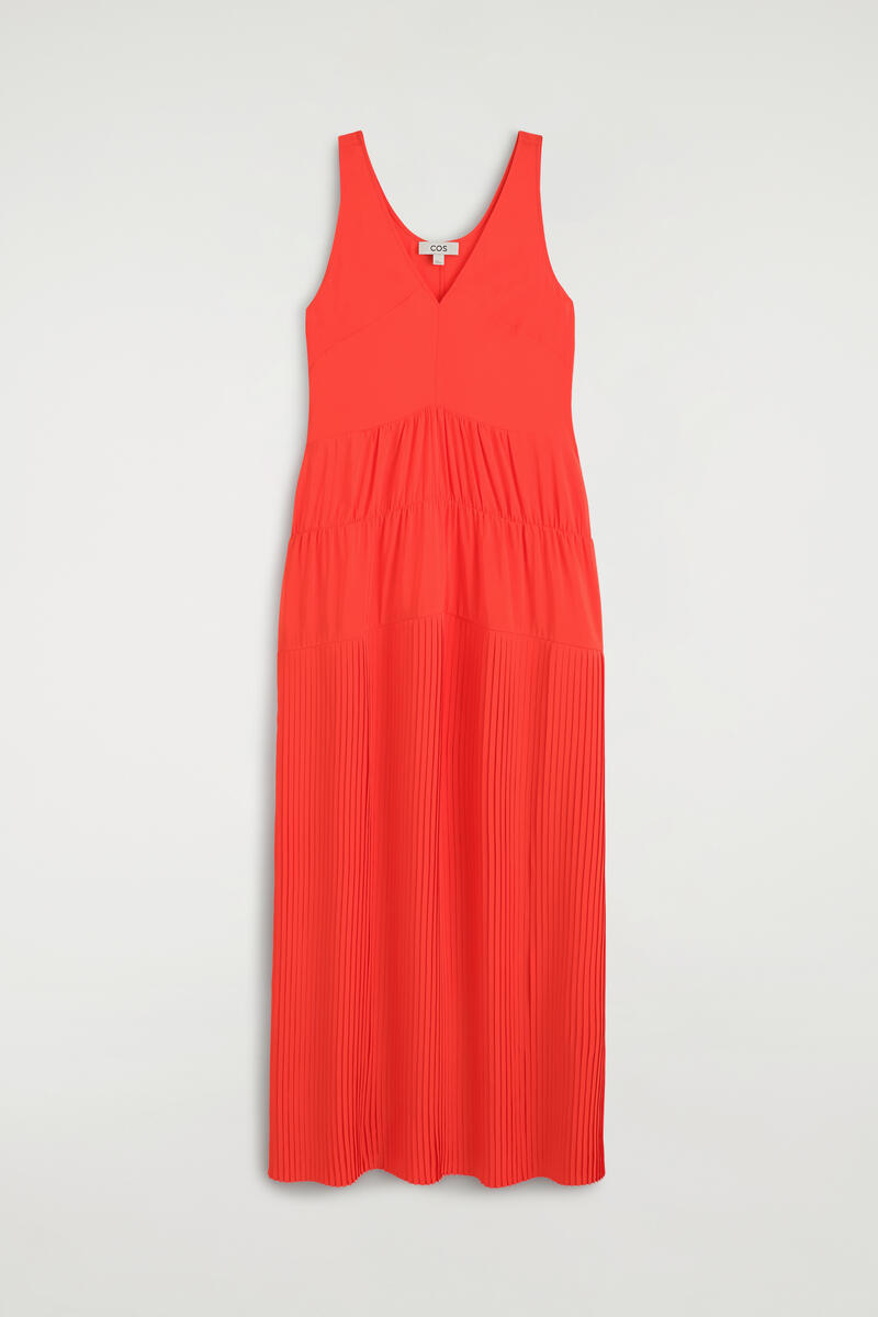 Gathered Pleated V-Neck Maxi Dress