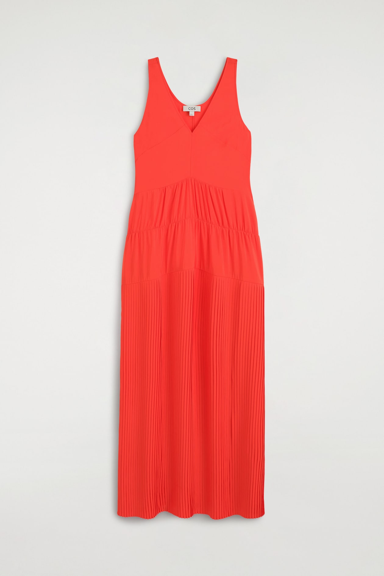 GATHERED PLEATED V-NECK MAXI DRESS