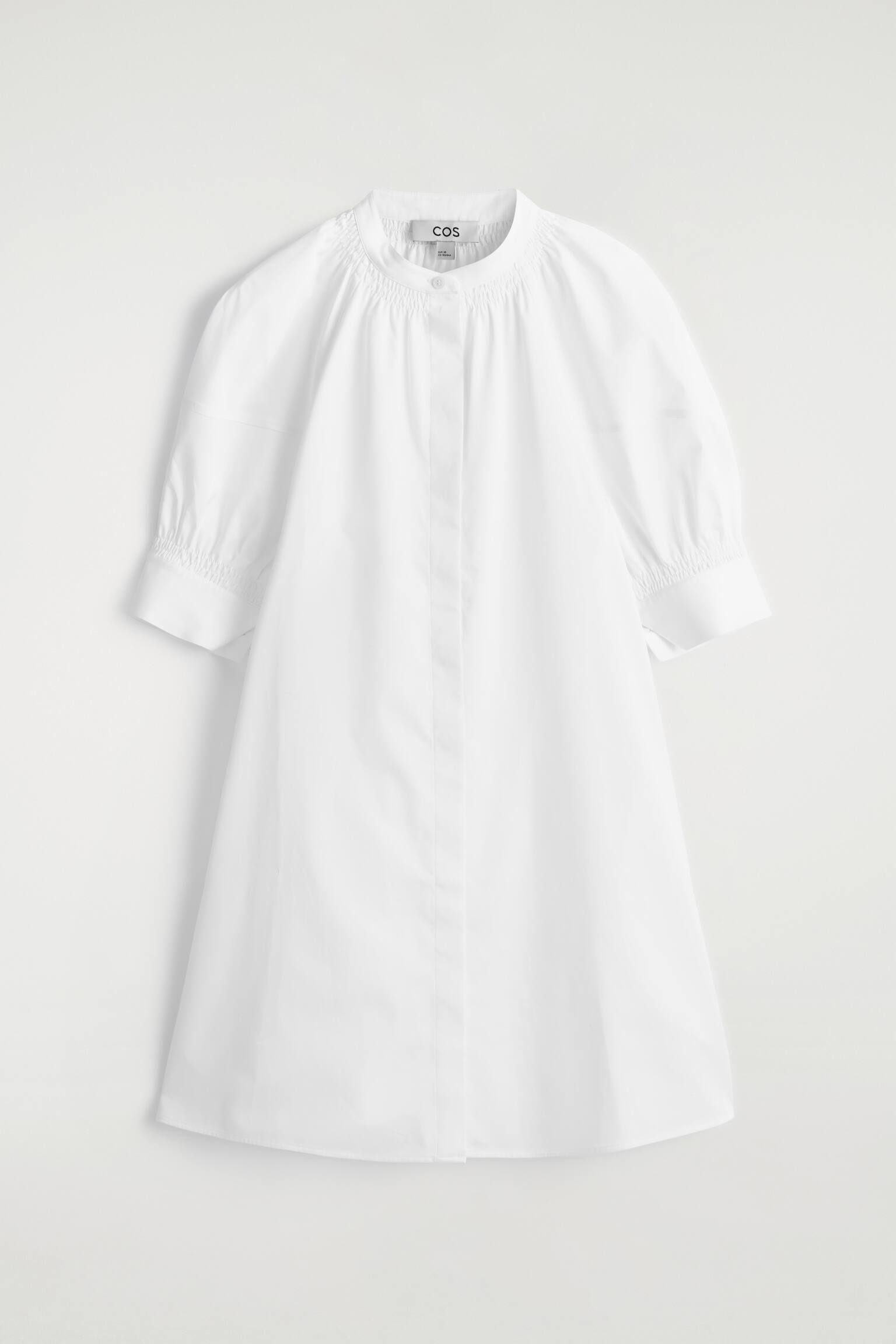 שמלת חולצה עם שרוולי פאף וכיווצים - לבן - 2