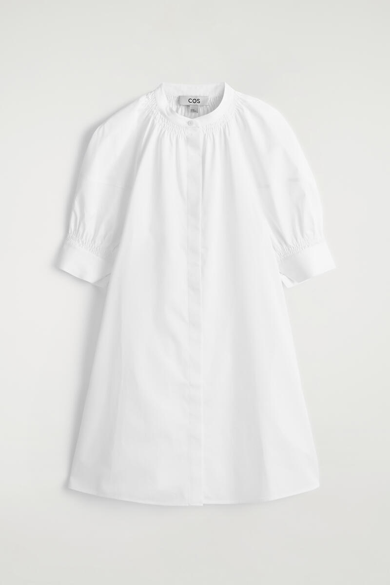 Smocked Puff-Sleeve Shirt Dress