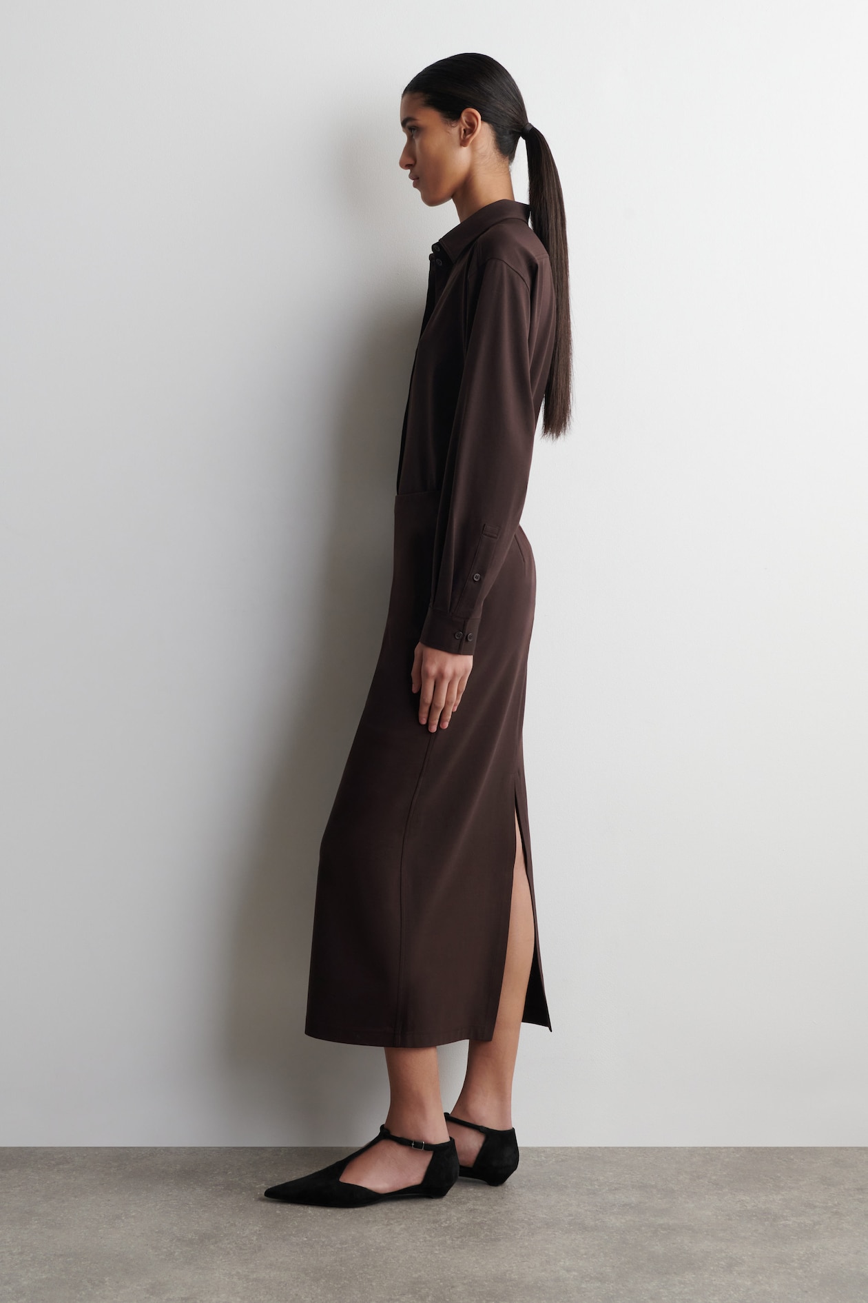 JERSEY MIDI PENCIL SKIRT — DARK BROWN