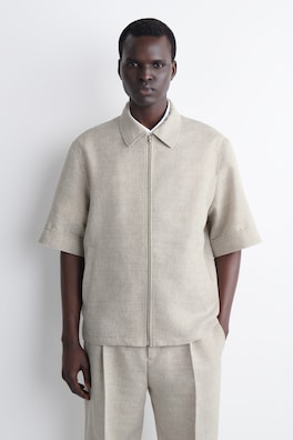 LINEN-WOOL SHORT-SLEEVED ZIP-UP SHIRT — STONE MÉLANGE 1