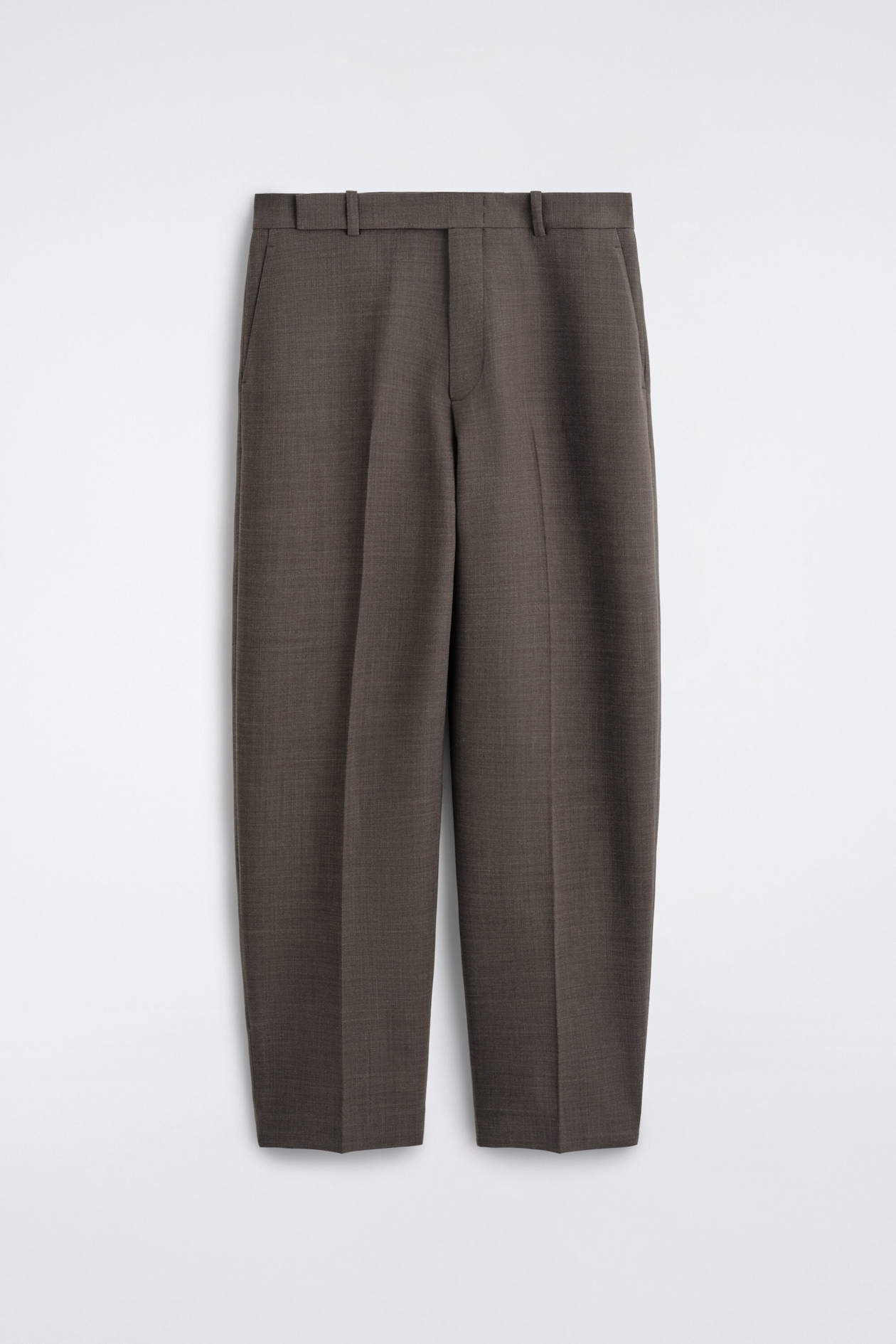 The wool-blend relaxed-fit straight-leg trousers are shown from the front, featuring a textured, dark taupe-grey fabric with a waistband including belt loops. The straight-cut legs display prominent pressed centre creases and subtle side slip pockets.