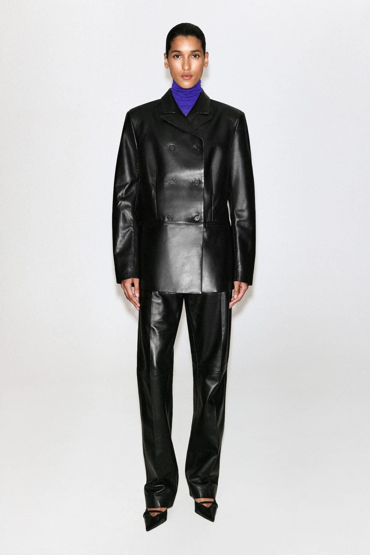 LEATHER DOUBLE-BREASTED BLAZER — BLACK