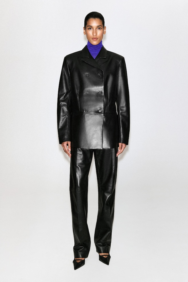 LEATHER DOUBLE-BREASTED BLAZER — BLACK