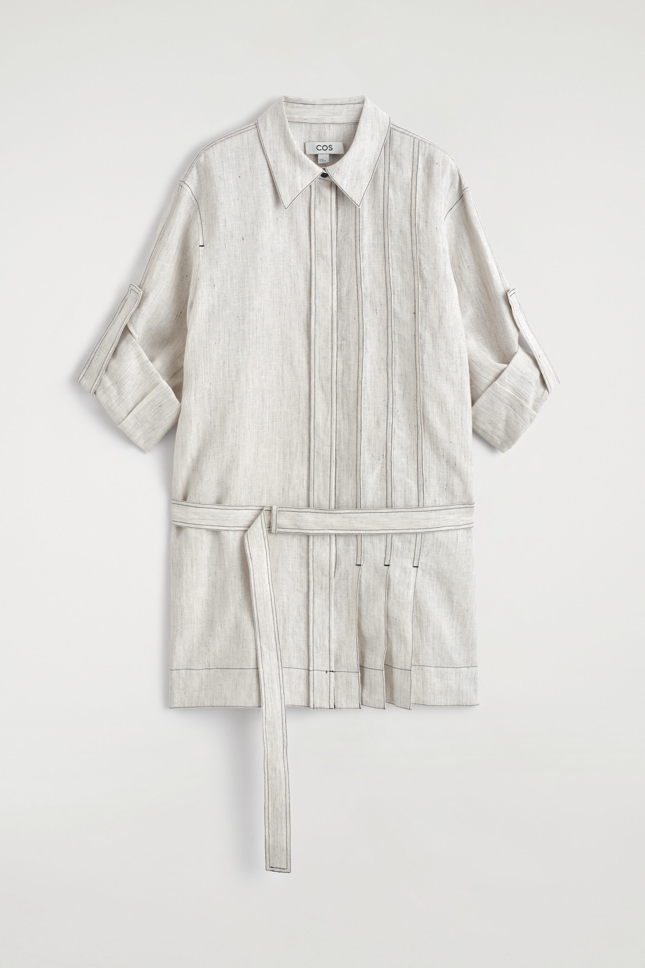 BELTED PLEATED LINEN MINI SHIRT DRESS - LIGHT GRAY | COS US