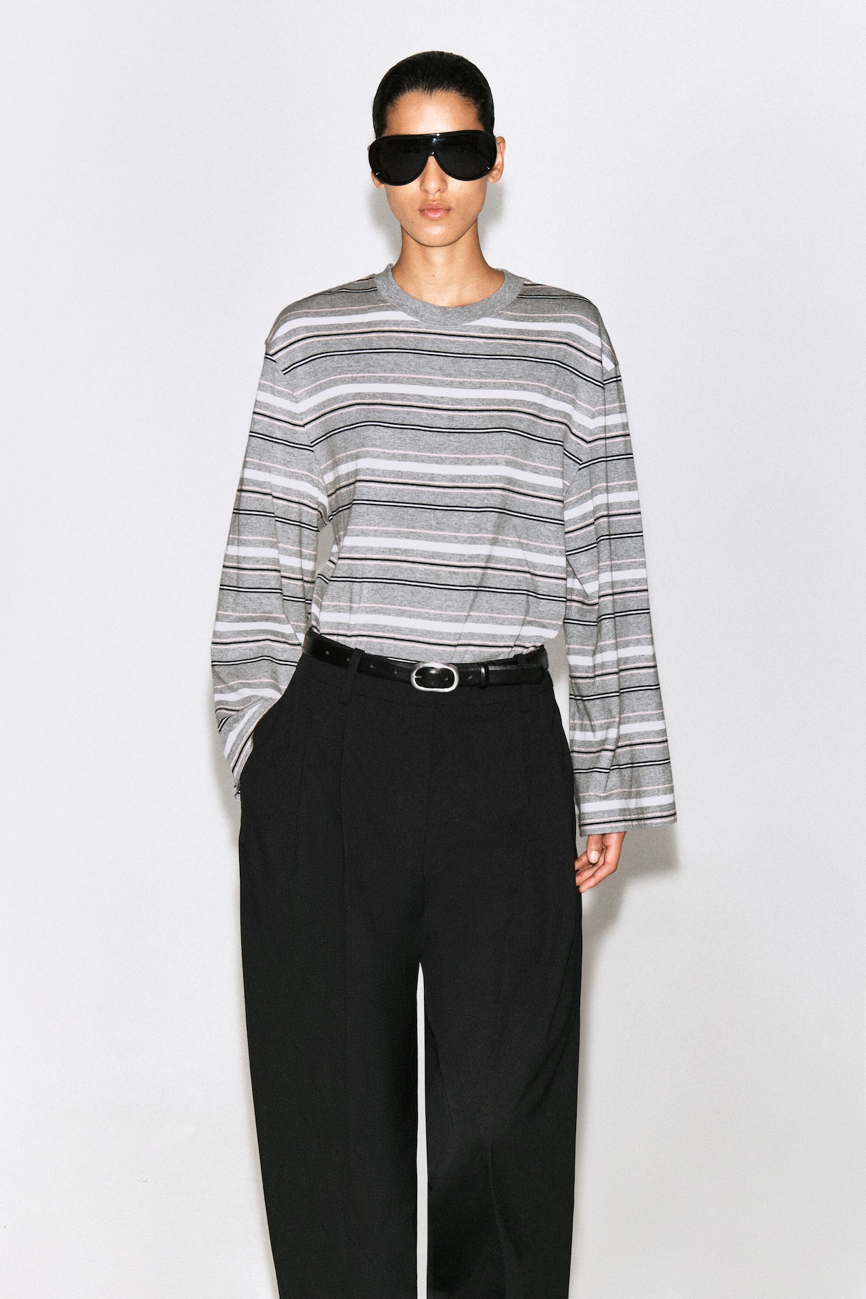 BRUSHED-COTTON LONG-SLEEVED T-SHIRT — GRAY / STRIPED