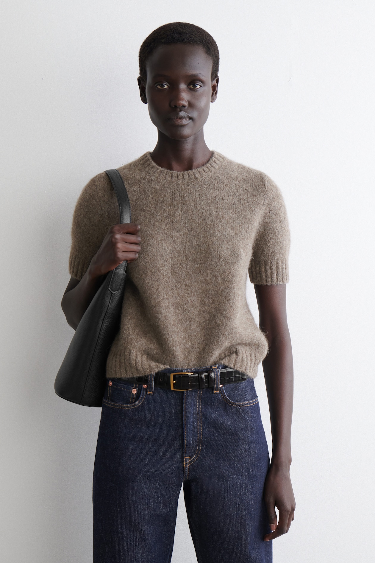 T-SHIRT EN MAILLE D'ALPAGA MÉLANGÉE - TAUPE CHINÉ | COS FR