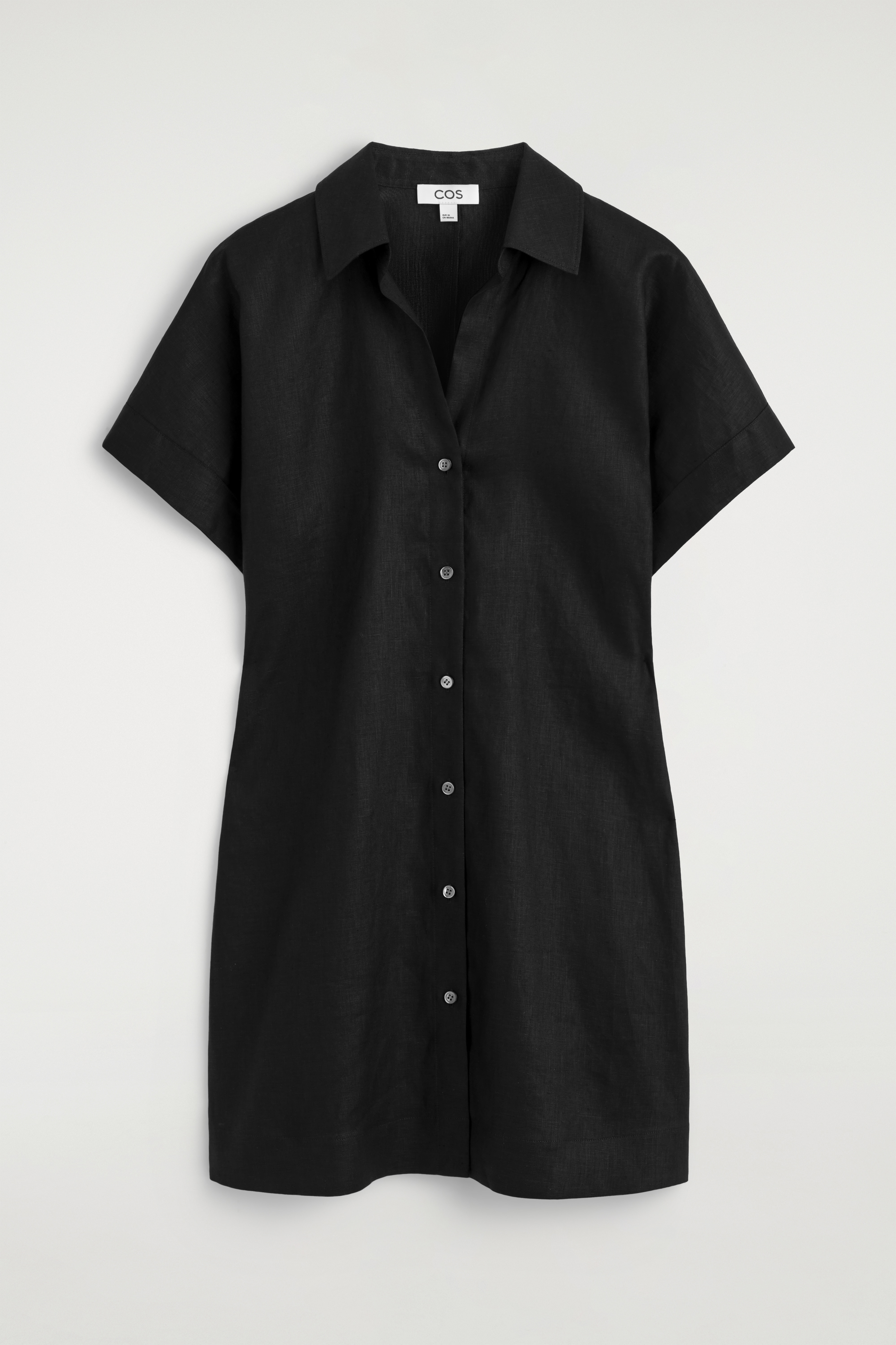 VESTIDO CAMISERO CORTO DE LINO CON CUELLO ABIERTO - NEGRO