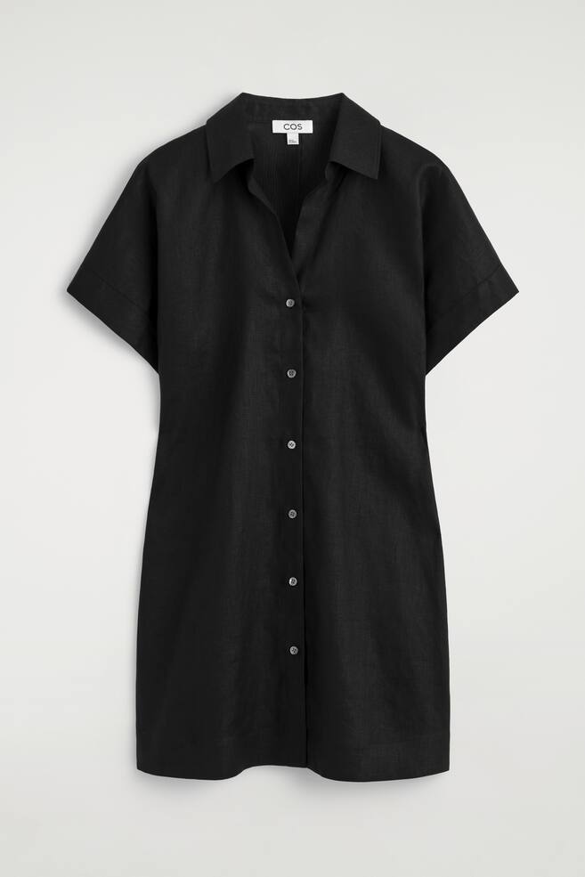 OPEN-COLLAR LINEN MINI SHIRT DRESS - SCHWARZ - 1