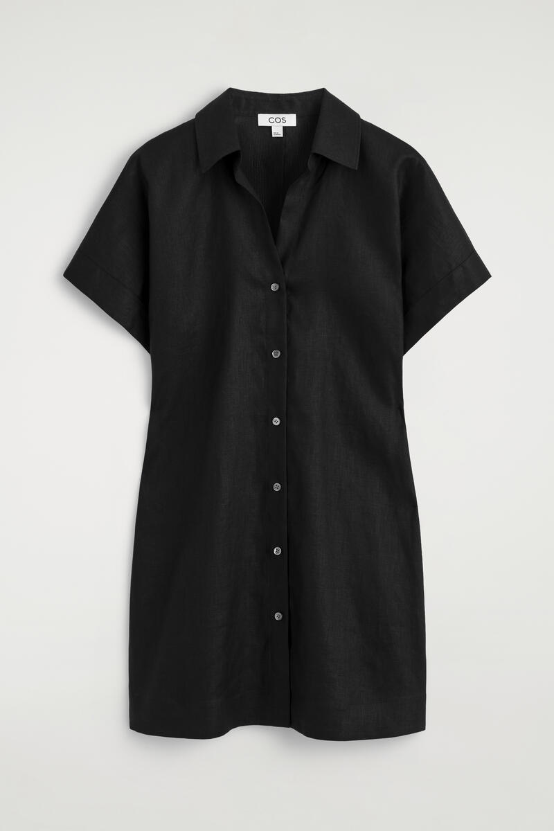 Open-Collar Linen Mini Shirt Dress