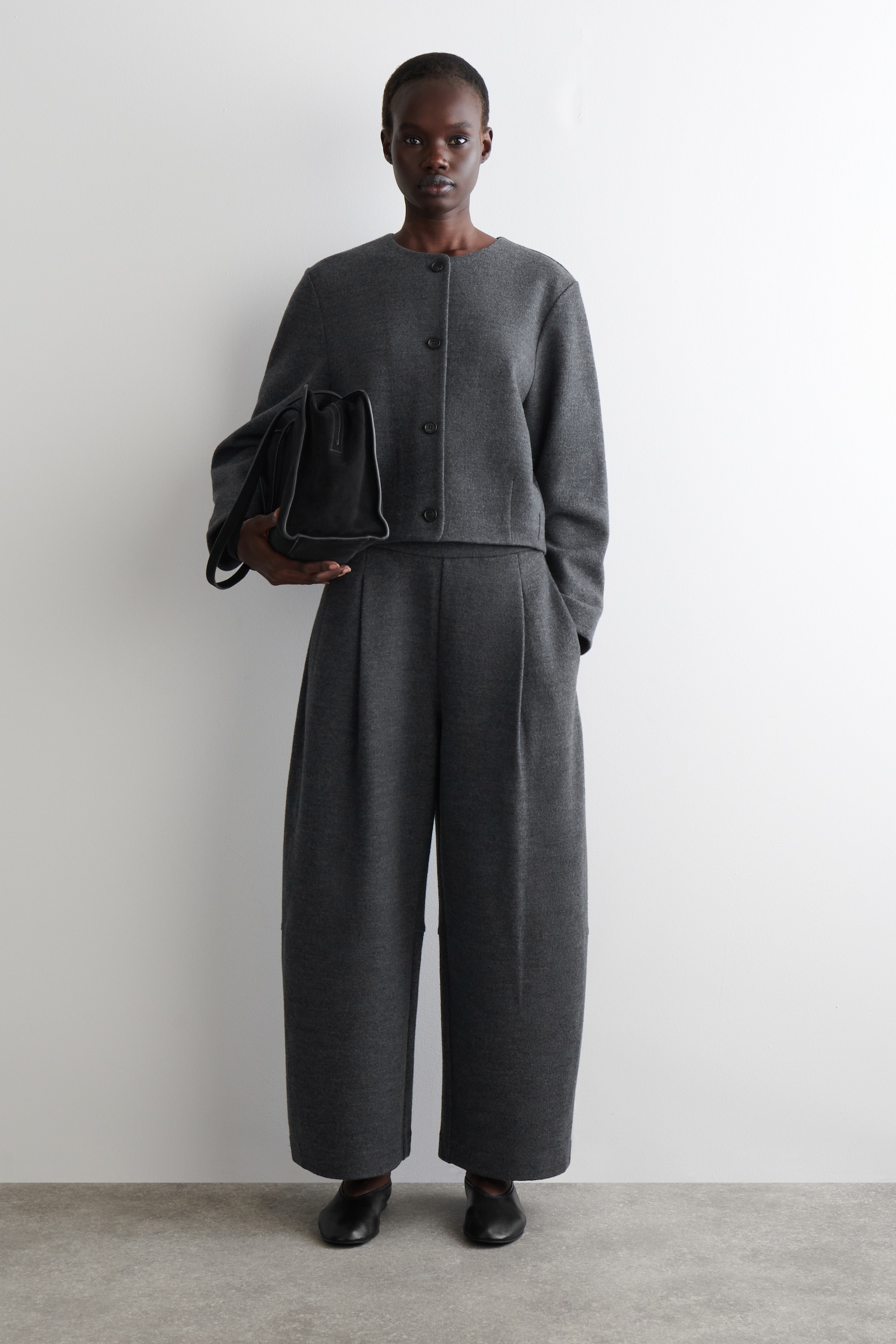 BOILED-WOOL BARREL-LEG TROUSERS - DARK-GREY MÉLANGE/NAVY