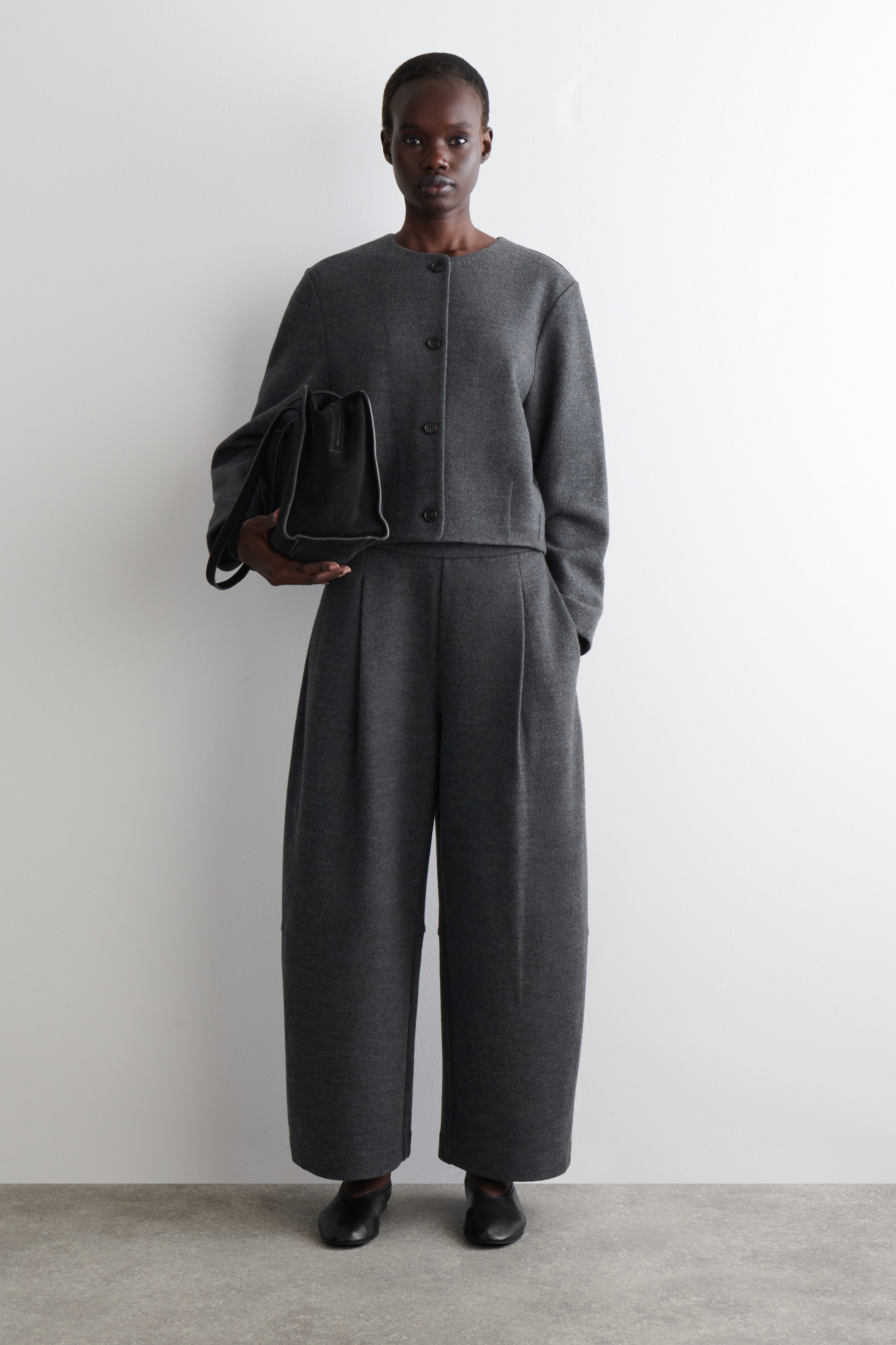 BOILED-WOOL BARREL-LEG PANTS