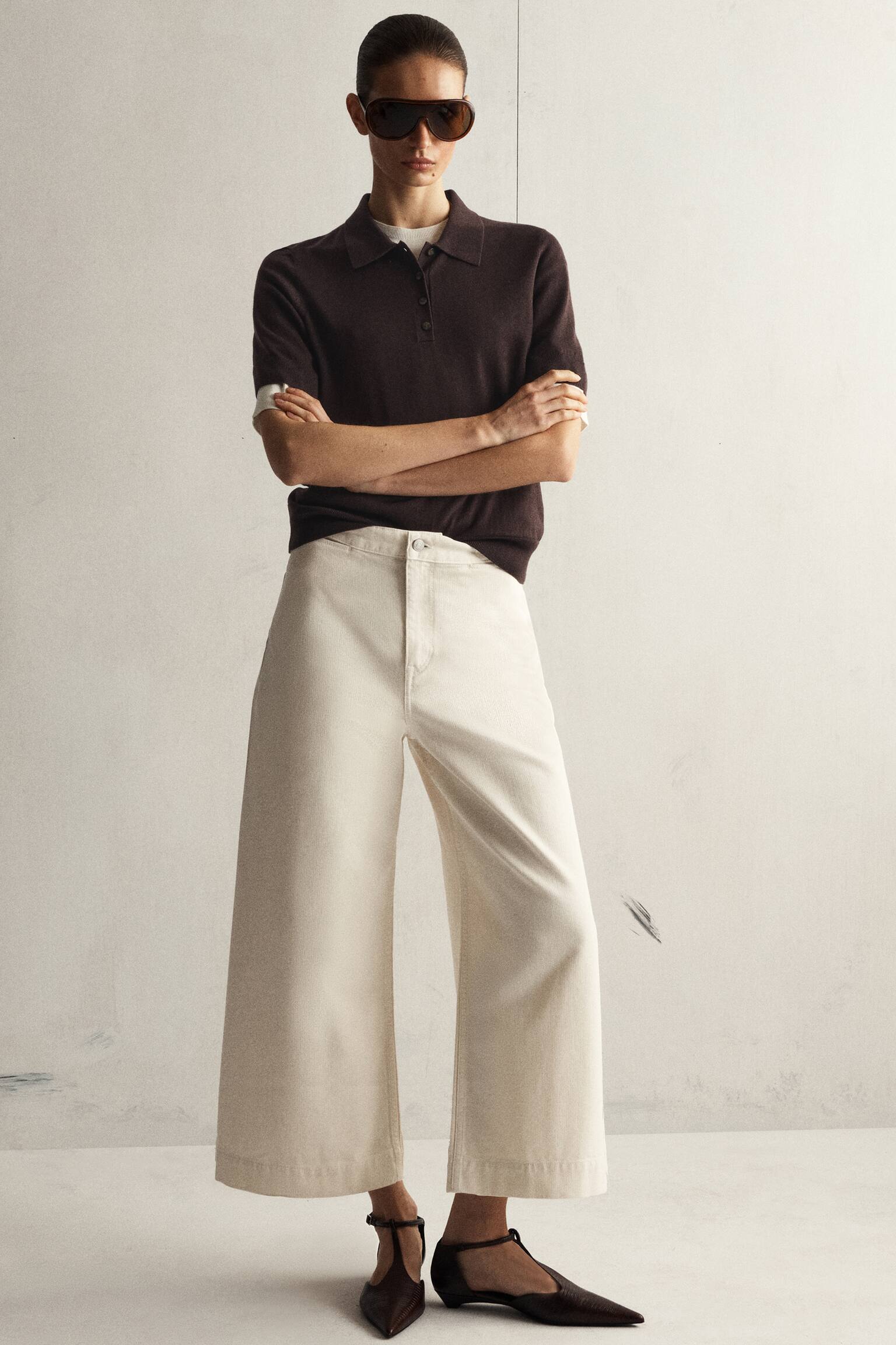 CROPPED WIDE-LEG DENIM TROUSERS - ECRU/BLACK/MARO - 7