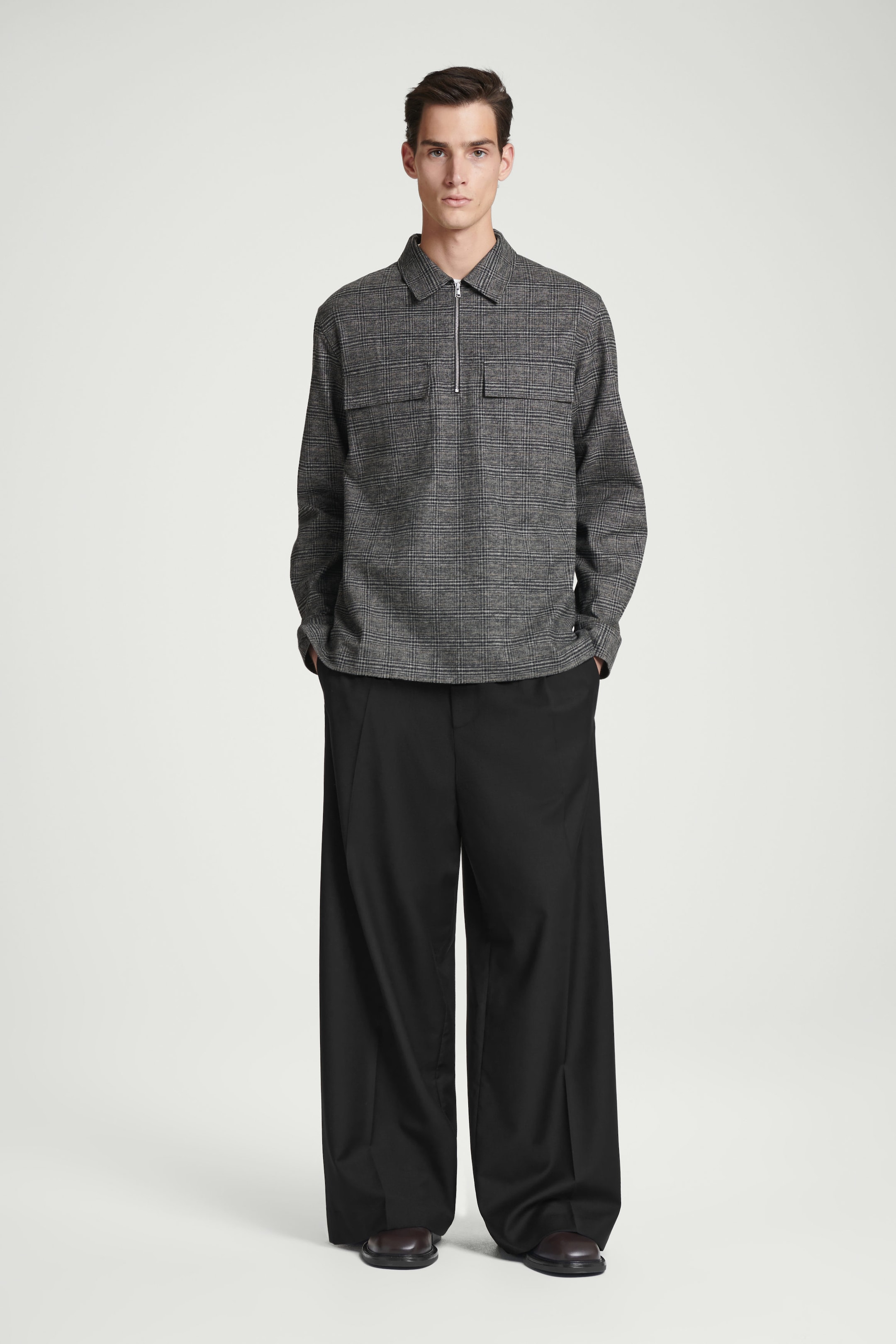 RELAXED CHECKED COTTON HALF-ZIP SHIRT
