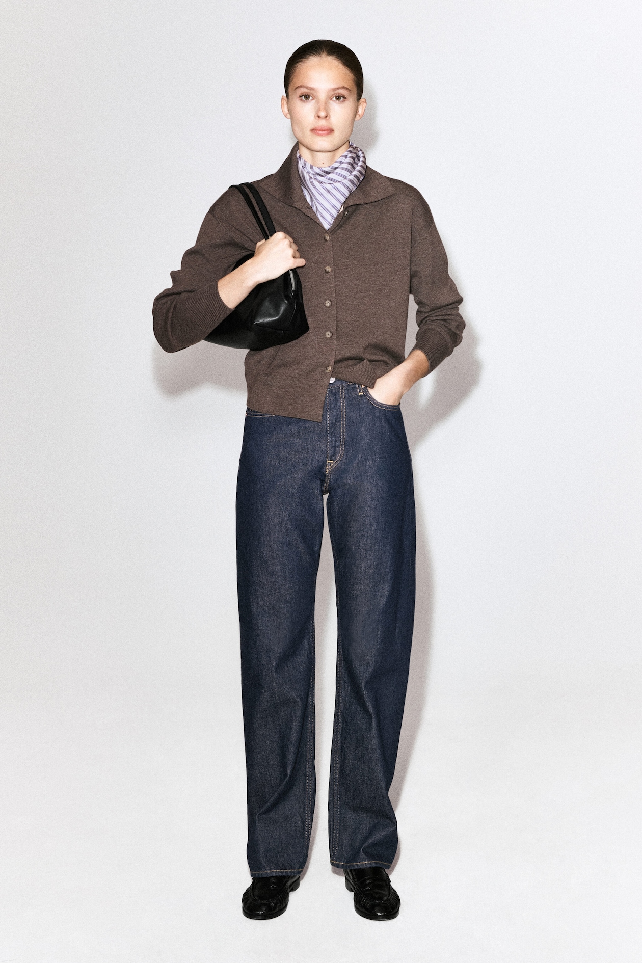 MERINO WOOL MOCK-NECK CARDIGAN — BROWN MÉLANGE