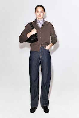 MERINO WOOL MOCK-NECK CARDIGAN — BROWN MÉLANGE 2